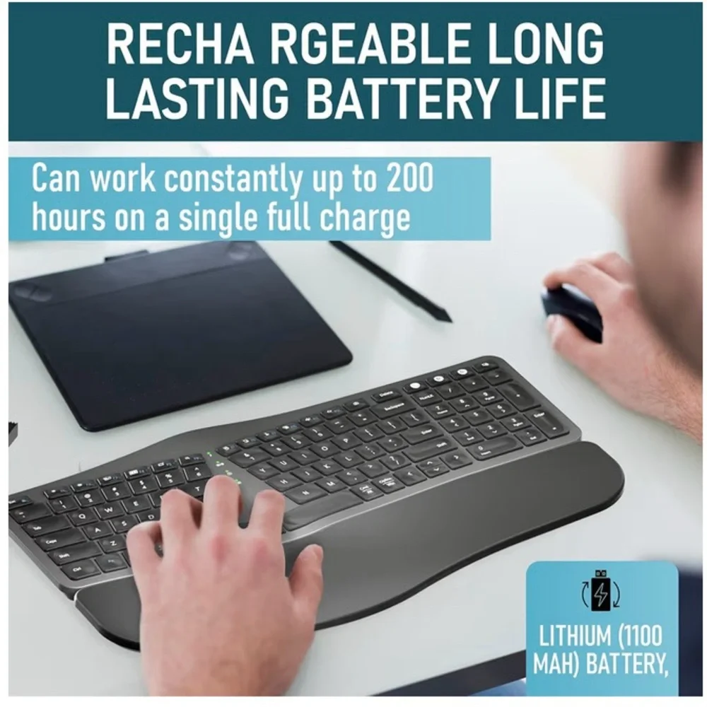 ROCK&ROWN Ergonomic Keyboard with Cushioned Wrist and Palm Rest,Bluetooth. Black